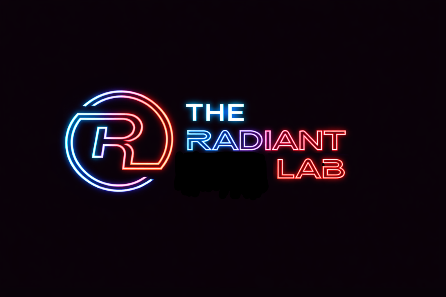 Original Neon-style logo with circular 'R' monogram and stacked text 'THE RADIANT LAB'. logo featuring cyan, magenta, red colours