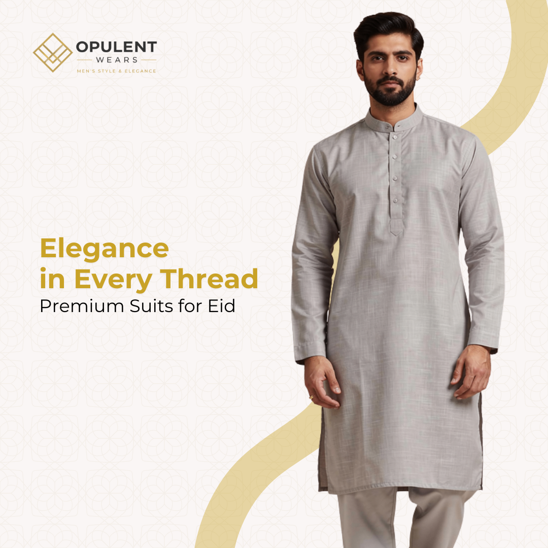 Original Brand logo 'OPULENT WEARS' with geometric diamond icon and accompanying promotional text about premium suits for Eid. logo featuring beige, gold, gray colours