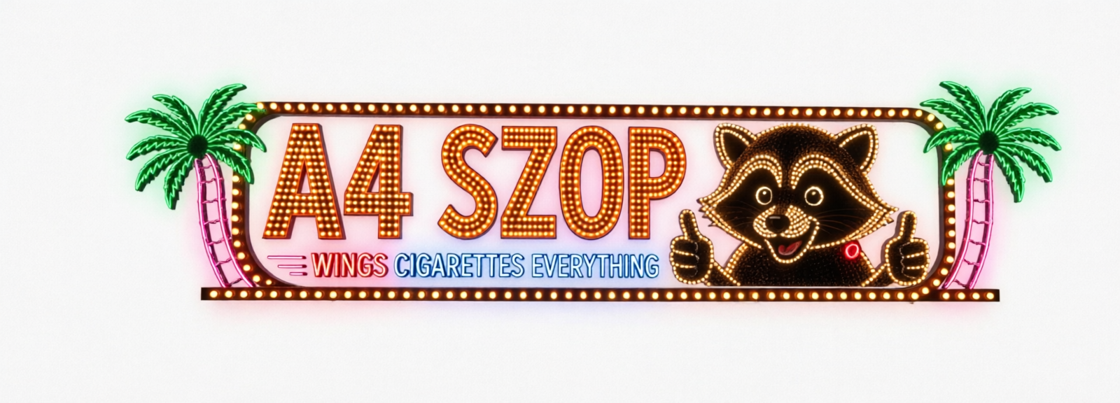 Original neon-style logo with marquee text 'A4 SZOP', tagline 'WINGS CIGARETTES EVERYTHING', a cartoon raccoon character, and two palm tree icons within a bulb-studded rectangular frame logo featuring orange, white, green colours