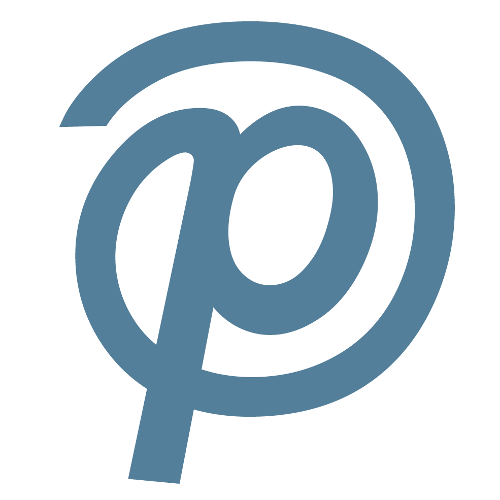 Original solid blue abstract monogram-style symbol composed of a circular loop with an extended diagonal stem on a black background logo featuring #557C92, #000000 colours