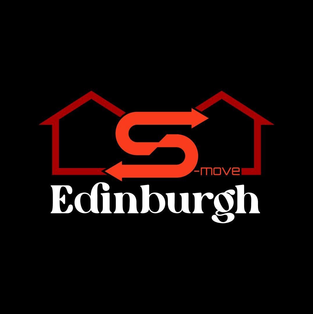 Original logo with red arrow-shaped letter 'S' between two red house outlines above white text 'Edinburgh' and small red text '-move' logo featuring black, red, white colours