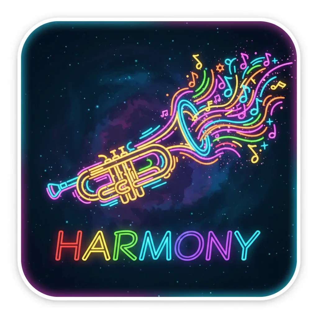 Original neon-style trumpet with flowing rainbow musical notes above rainbow neon text 'HARMONY' logo featuring neon yellow, neon cyan, neon magenta, neon green colours