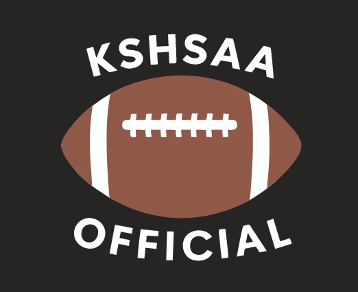 Original white text 'KSHSAA OFFICIAL' arranged around a brown football icon with white laces and side stripes logo featuring black, white, brown colours