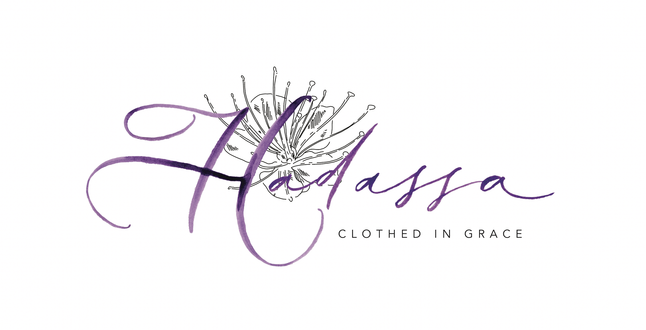 Original purple watercolor script text 'Hadassa' over a fine black line-art flower with black sans-serif tagline text 'CLOTHED IN GRACE' below logo featuring white, purple, black colours