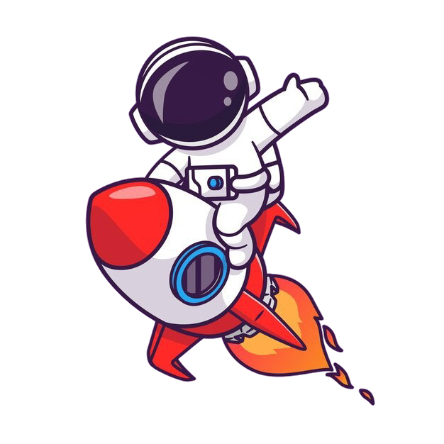 Original cartoon astronaut riding a small rocket with a blue circular window and orange flame logo featuring white, red, orange colours