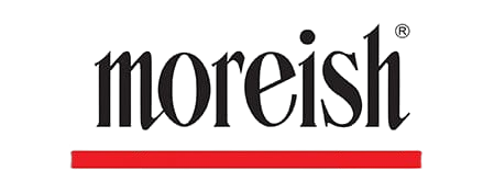 Original black text 'moreish' with a small black registered trademark symbol above the final letter and a thick red horizontal bar underneath the word logo featuring black, red, light gray colours