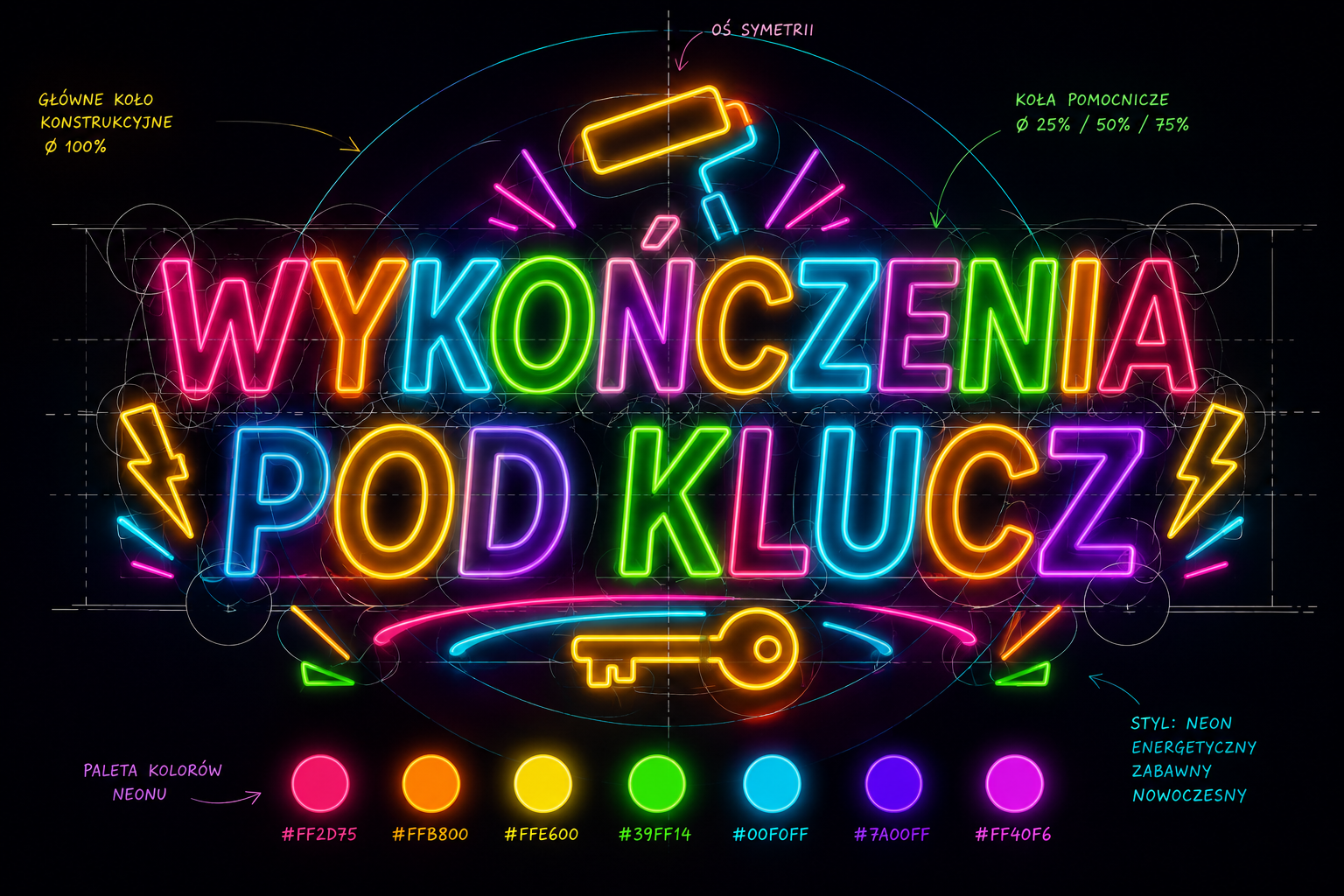 Original Multicolored neon-style text 'WYKOŃCZENIA POD KLUCZ' with a neon key icon and paint roller icon, accented by lightning bolts and rays. logo featuring black, neon-pink, neon-yellow, neon-cyan, neon-green, neon-orange, neon-purple colours