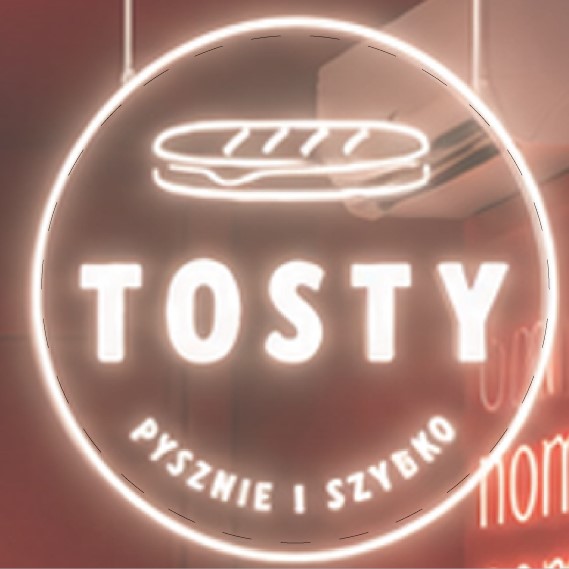 Original white neon-style logo with bold text 'TOSTY', a simple sandwich icon above, and curved text 'PYSZNIE I SZYBKO' inside a glowing circle logo featuring white, red, brown colours