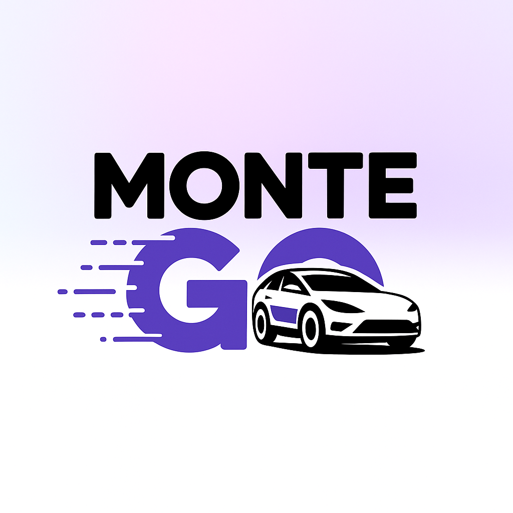 Original black text 'MONTE GO' with a large purple letter 'G' incorporating motion dashes and a black and white car icon overlapping the 'O' shape formed by a purple semicircle. logo featuring black, white, purple colours