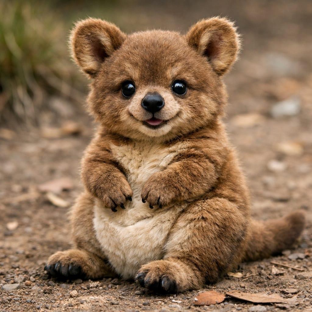 Original cute small brown furry animal sitting upright on a dirt ground with a round cream-colored belly and large shiny eyes logo featuring brown, beige, black colours