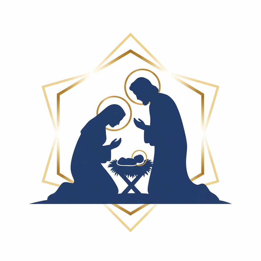 Original stylized nativity silhouette of Mary and Joseph kneeling on either side of a baby in a manger, all in navy blue with gold halos, framed by a gold geometric star outline logo featuring navy blue, gold, white colours