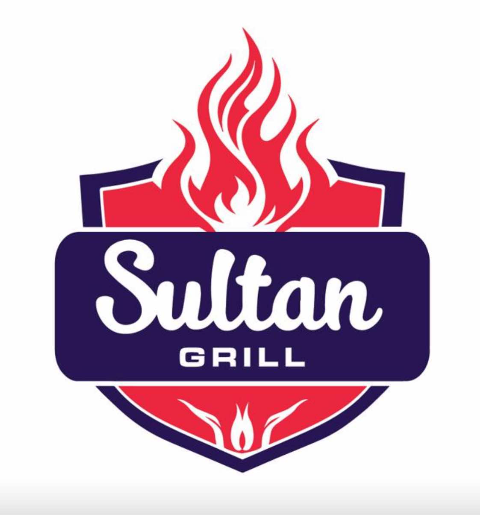 Original Shield-shaped logo with white text 'Sultan GRILL' and stylized red and white flame graphics. logo featuring red, dark blue, white colours