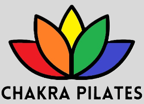 Original multicolored lotus flower icon above black text 'CHAKRA PILATES' in bold sans-serif capitals logo featuring black, gray, red, orange, yellow, green, blue colours