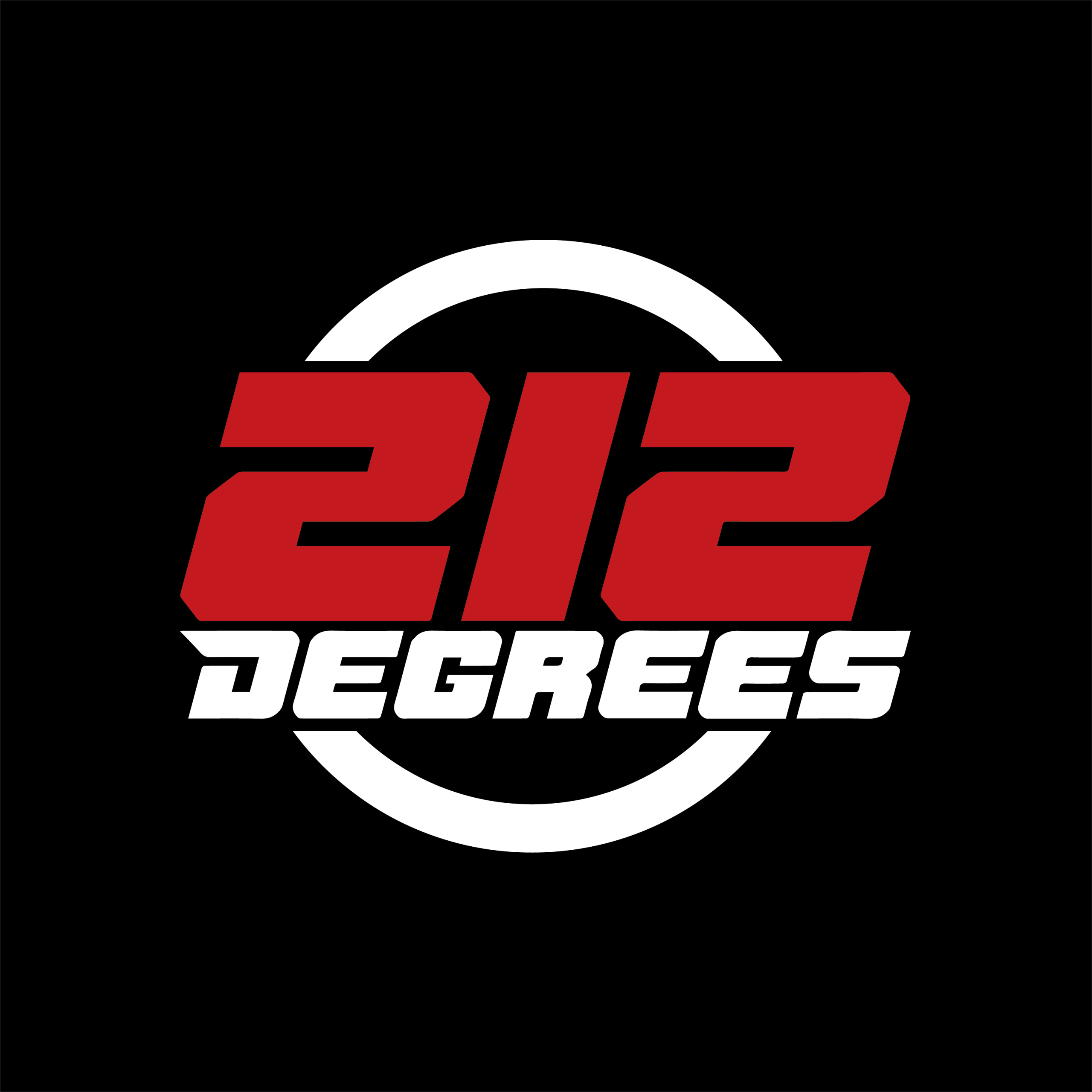 Original red text '212' above white text 'DEGREES' centered over a thick white partial circle on a black background logo featuring black, white, red colours