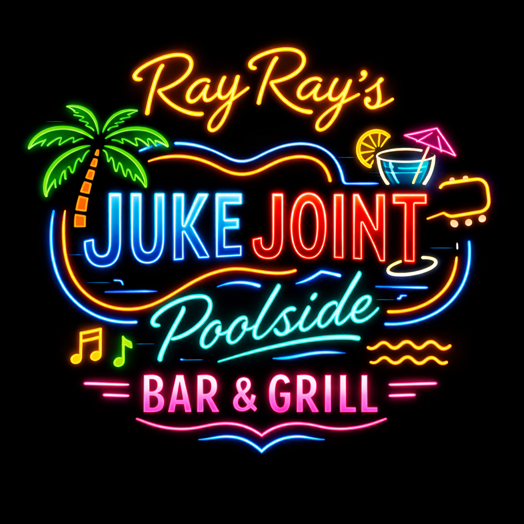 Original multicolored neon-style logo with the text 'Ray Ray's JUKE JOINT Poolside BAR & GRILL' surrounded by tropical and musical icons logo featuring neon blue, neon yellow, neon pink colours