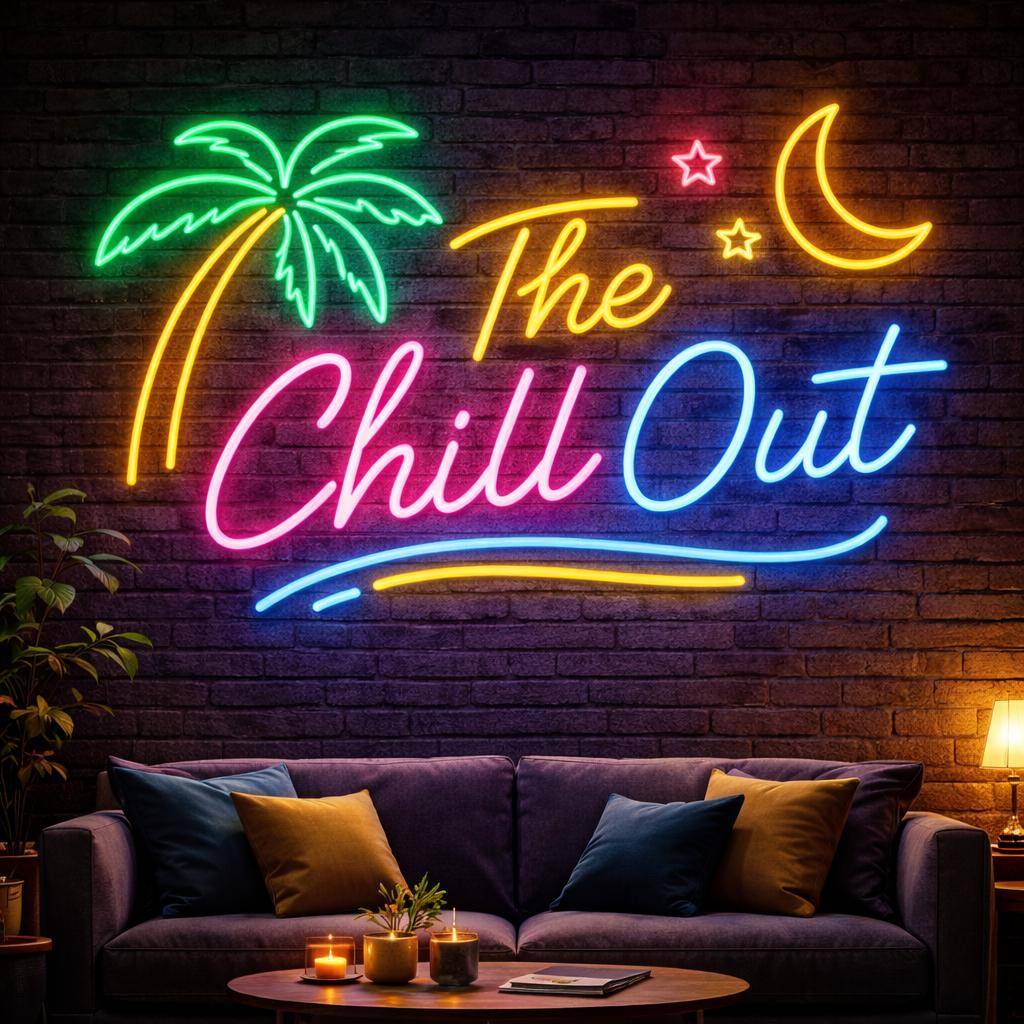 Original neon-style wall sign with the text 'The Chill Out' in script accompanied by a palm tree, crescent moon, stars, and an underline stroke logo featuring neon pink, neon blue, neon yellow colours
