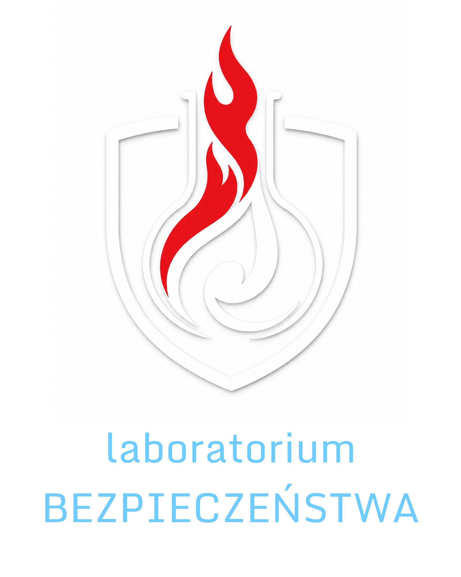 Original white shield logo with stylized red flame above light blue text 'laboratorium BEZPIECZEŃSTWA' logo featuring white, red, light blue colours