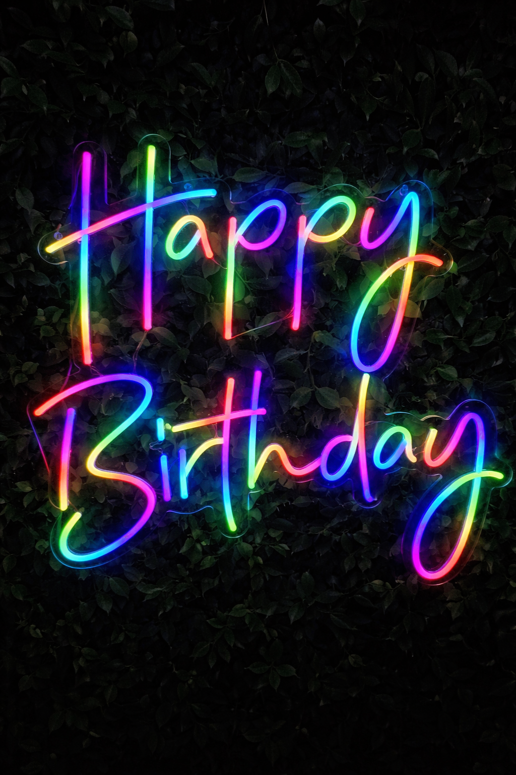 Original rainbow gradient script text 'Happy Birthday' formed by glowing neon-style tubes logo featuring black, green, rainbow colours