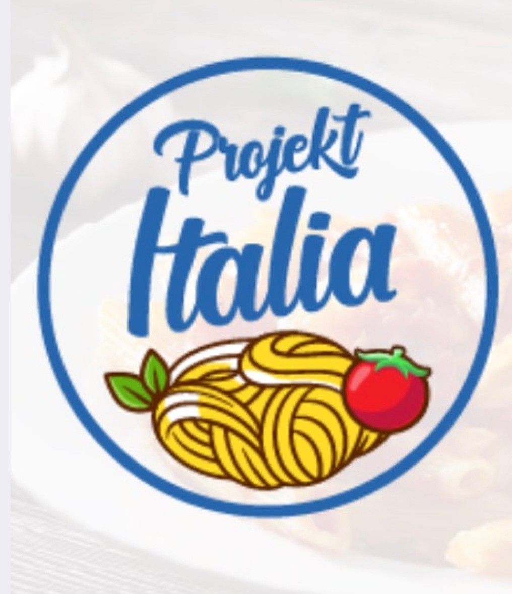Original blue script text 'Projekt Italia' inside a blue circle above a yellow pasta nest icon with a red tomato and green leaves logo featuring blue, white, yellow colours