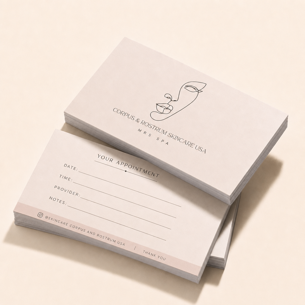 Original Minimalist skincare spa logo with black line-art face and leaf above the text 'CORPUS & ROSTRUM SKINCARE USA' and 'M R S S P A' on a light beige card. logo featuring light beige, black, soft pink colours