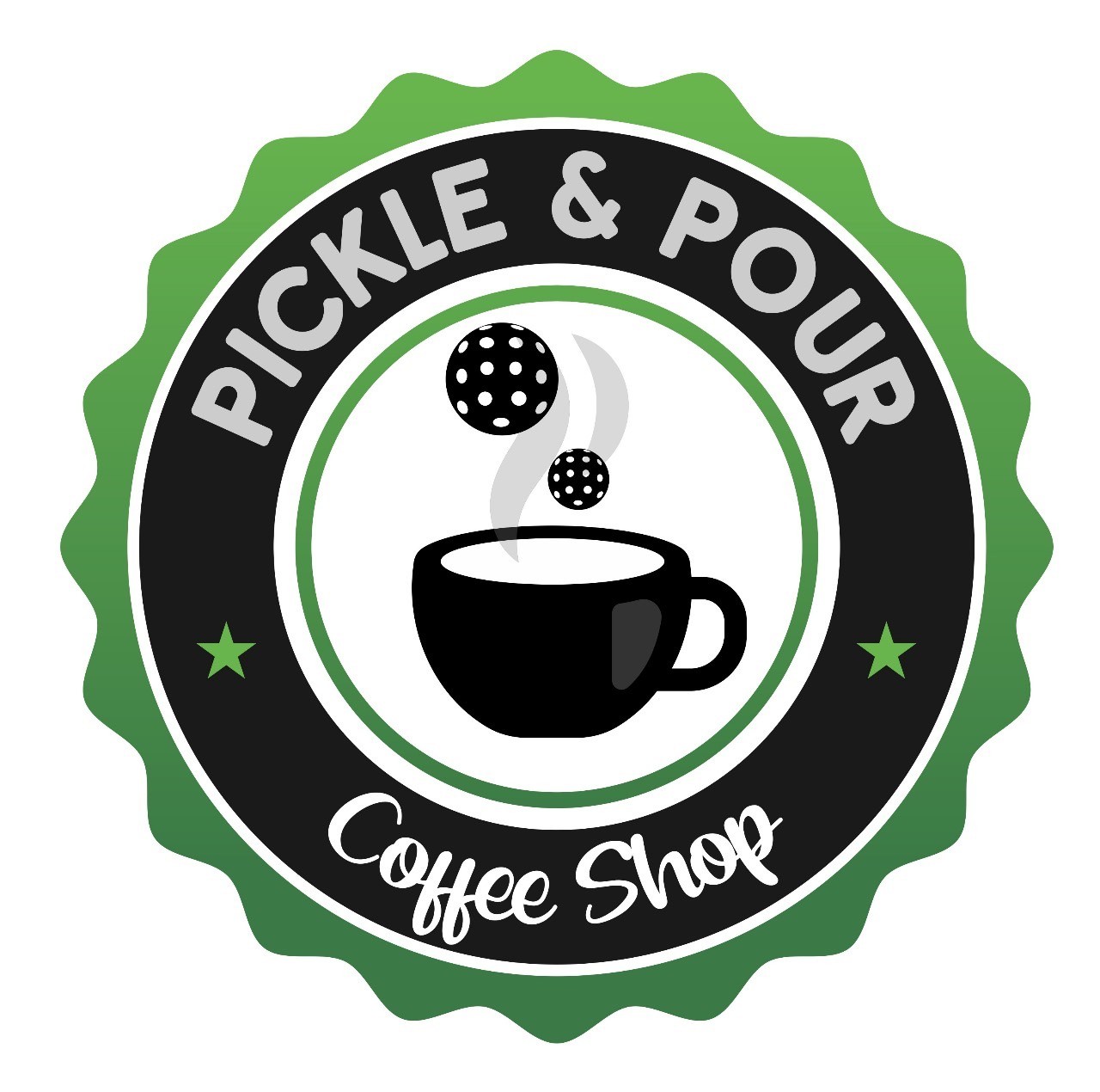 Original badge-style circular logo with text 'PICKLE & POUR Coffee Shop' surrounding a central coffee cup and dotted ball icons logo featuring green, black, white colours