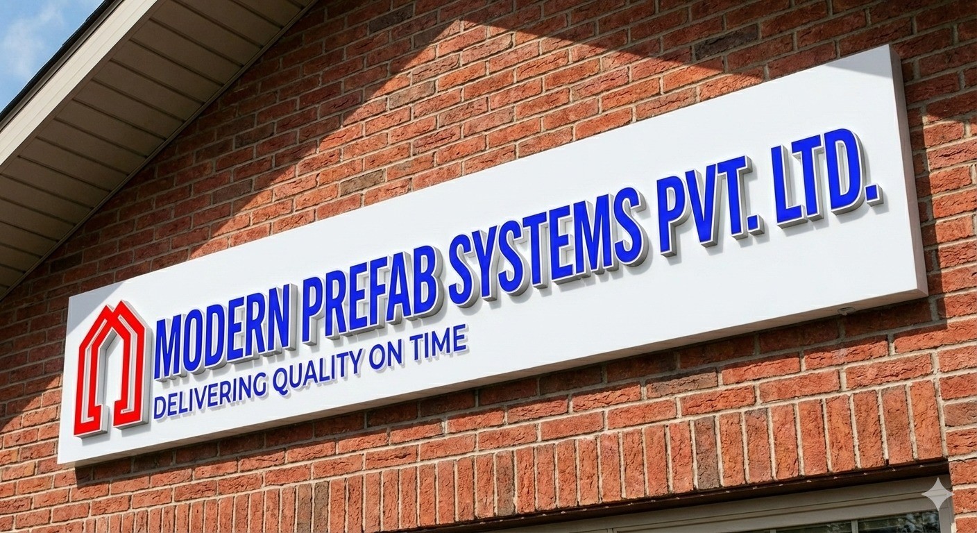 Original company sign with blue text 'MODERN PREFAB SYSTEMS PVT. LTD.' and red house-shaped logo plus blue tagline 'DELIVERING QUALITY ON TIME' logo featuring white, red, blue colours