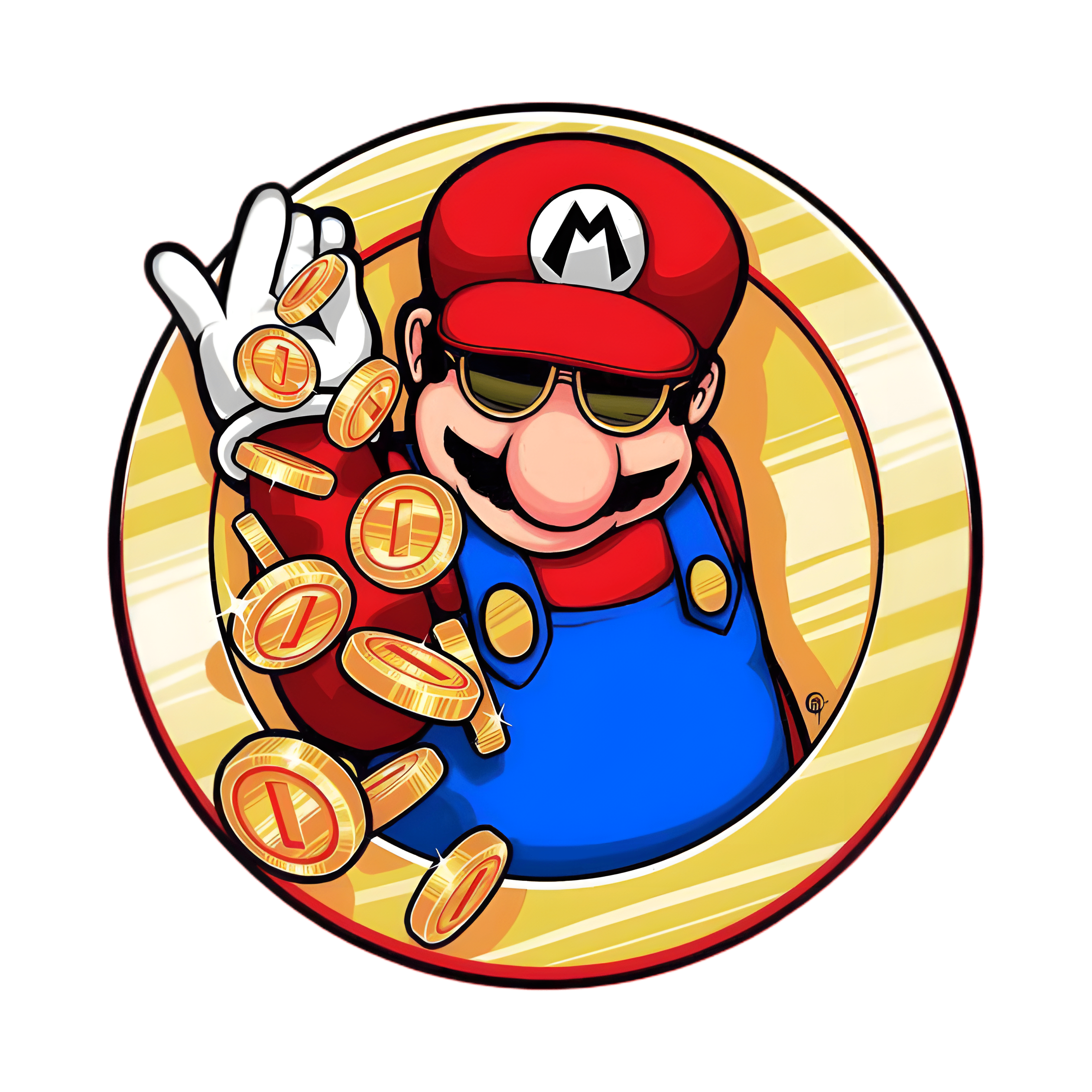 Original cartoon character in red and blue overalls inside a gold circle, wearing a red cap with black letter 'M' on a white circle and tossing gold coins with a vertical line symbol logo featuring red, blue, yellow colours
