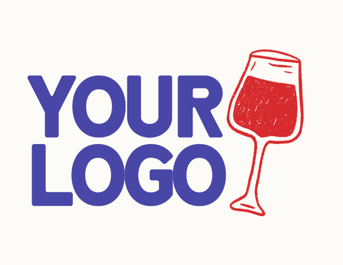 Original blue text 'YOUR LOGO' with a red hand-drawn wine glass icon partially filled with red liquid logo featuring white, blue, red colours
