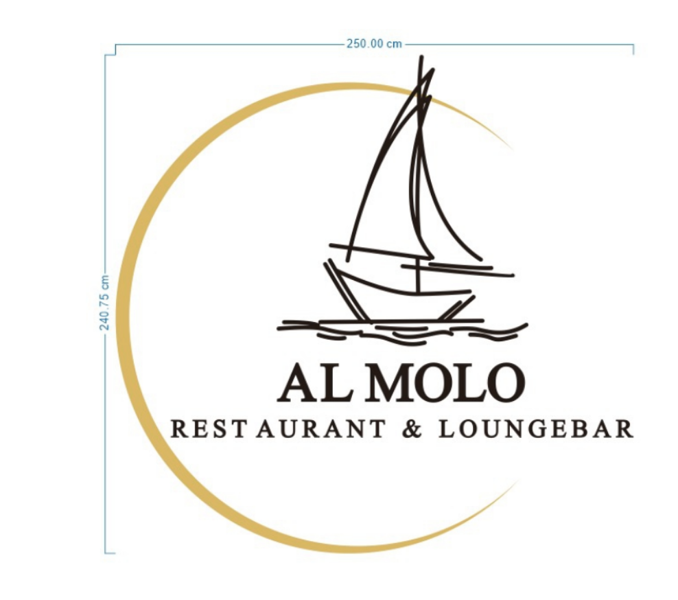 Original Logo with a line-art sailboat over waves inside a large gold partial circle, with the text 'AL MOLO' above 'RESTAURANT & LOUNGEBAR' centered below. logo featuring white, black, gold colours